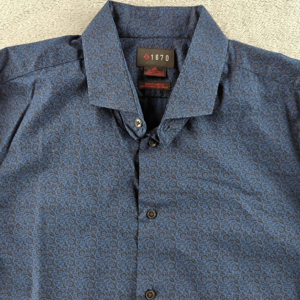 1670 Shirt Mens 17 Slim Fit Blue‎ Floral Stretch Sleeve Button Up Dress 34/35
